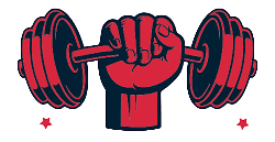Illustration of a red fist lifting a barbell on a light gray background